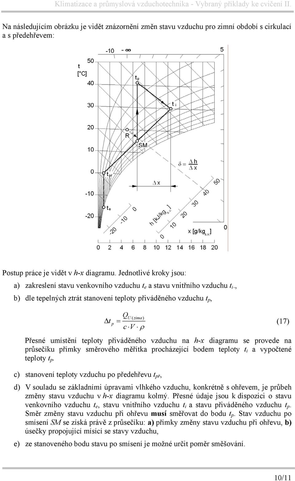 , b) dle tepelných ztrát stanovení teploty přiváděného vzduchu t p, QU( zima) t p = (17) cv ρ Přesné umístění teploty přiváděného vzduchu na h-x diagramu se provede na průsečíku přímky směrového