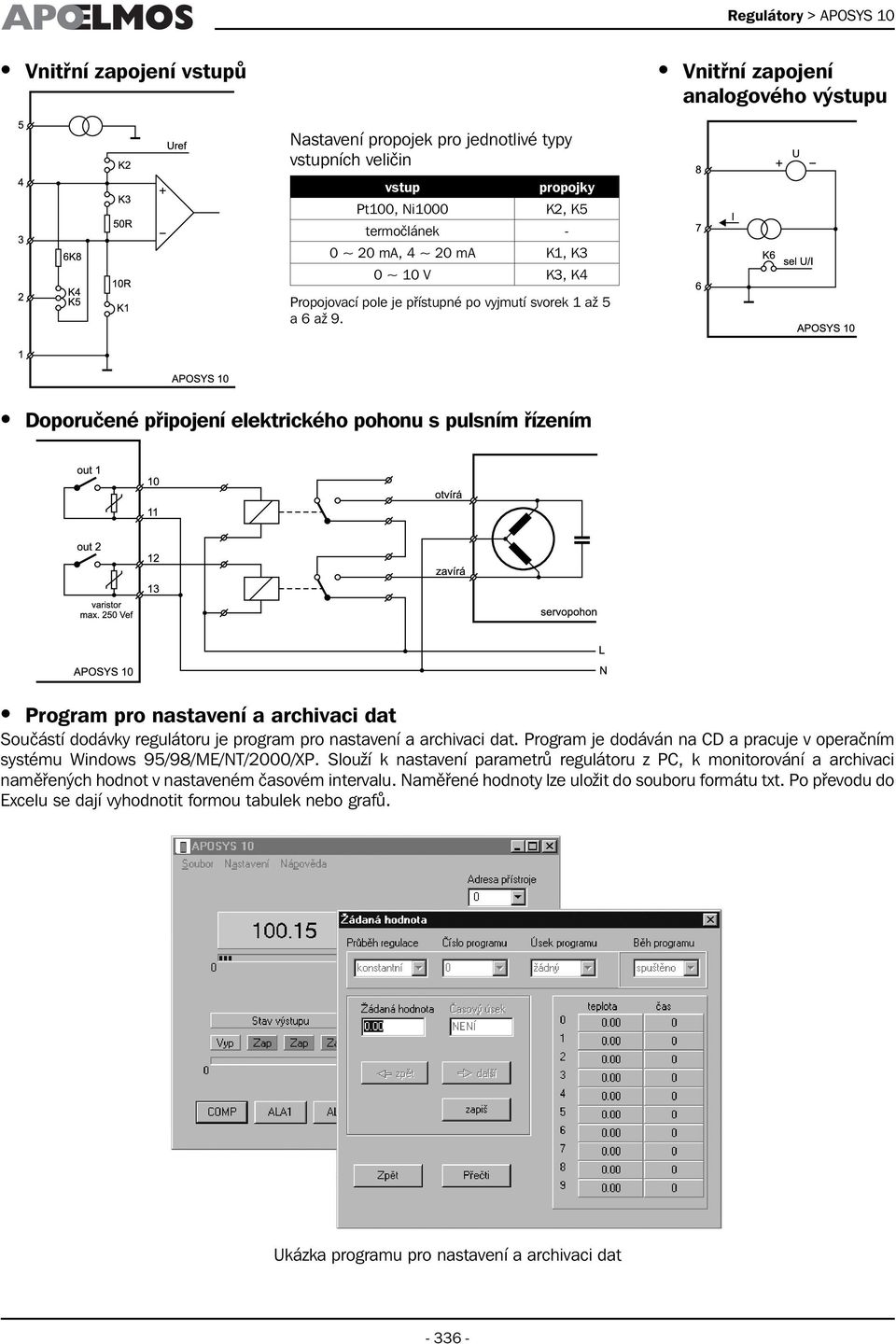 Doporučené připojení elektrického pohonu s pulsním řízením Program pro nastavení a archivaci dat Součástí dodávky regulátoru je program pro nastavení a archivaci dat.