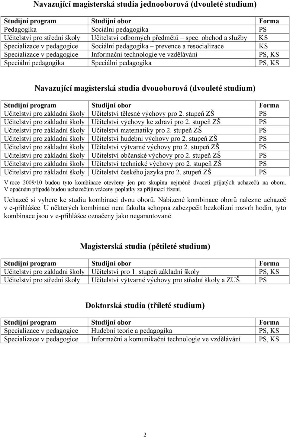 pedagogika, KS Navazující magisterská studia dvouoborová (dvouleté studium) Učitelství pro základní školy Učitelství tělesné výchovy pro 2.