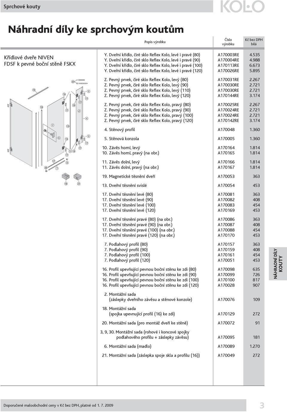 Dveřní křídlo, čiré sklo Reflex Kolo, levé i pravé (120) A170026RE 5.895 Z. Pevný prvek, čiré sklo Reflex Kolo, levý (80) A170031RE 2.267 Z. Pevný prvek, čiré sklo Reflex Kolo, levý (90) A170030RE 2.