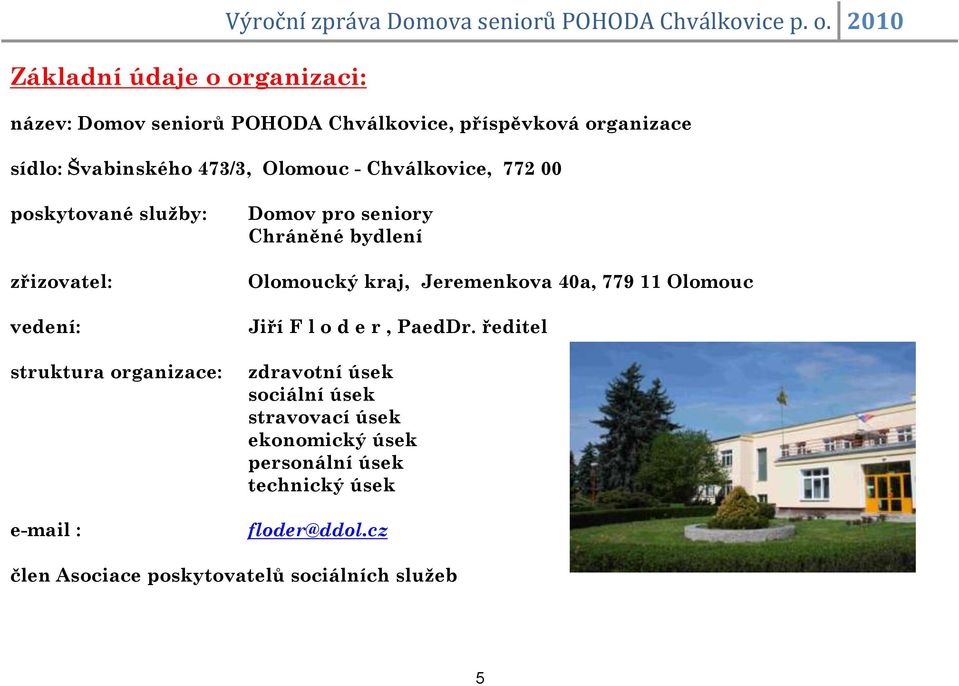 Chráněné bydlení Olomoucký kraj, Jeremenkova 40a, 779 11 Olomouc Jiří F l o d e r, PaedDr.
