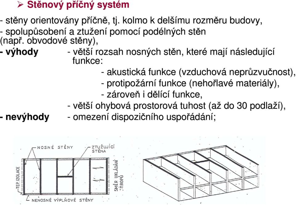 obvodové stěny), - výhody - větší rozsah nosných stěn, které mají následující funkce: - akustická funkce