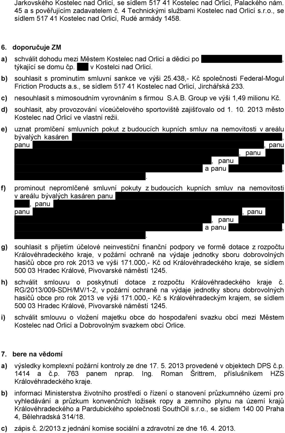 b) souhlasit s prominutím smluvní sankce ve výši 25.438,- Kč společnosti Federal-Mogul Friction Products a.s., se sídlem 517 41 Kostelec nad Orlicí, Jirchářská 233.
