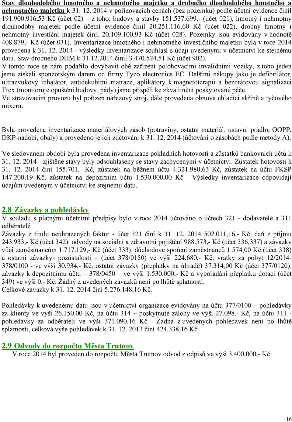 116,60 Kč (účet 022), drobný hmotný i nehmotný investiční majetek činil 20.109.100,93 Kč (účet 028). Pozemky jsou evidovány v hodnotě 408.879,- Kč (účet 031).