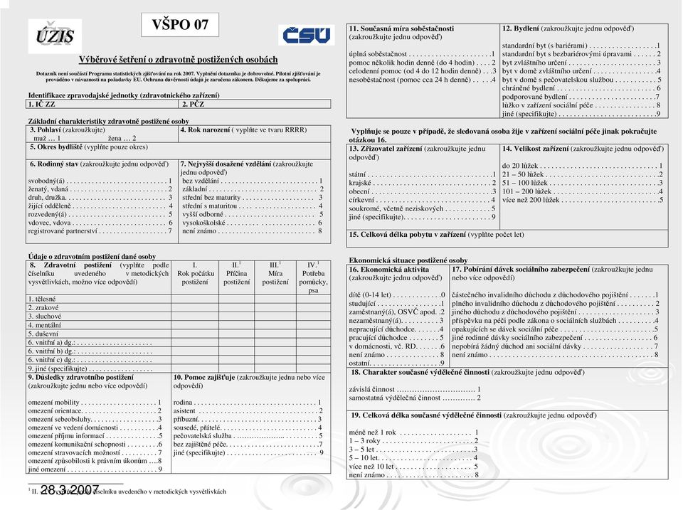 IČ ZZ 2. PČZ Základní charakteristiky zdravotně postižené osoby 3. Pohlaví (zakroužkujte) 4. Rok narození ( vyplňte ve tvaru RRRR) muž 1 žena 2 5. Okres bydliště (vyplňte pouze okres) 6.