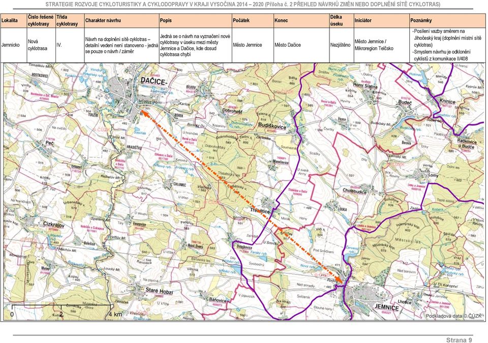 stanoveno - jedná Jemnice a Dačice, kde dosud se pouze o návrh / záměr cyklotrasa chybí Město Jemnice Město