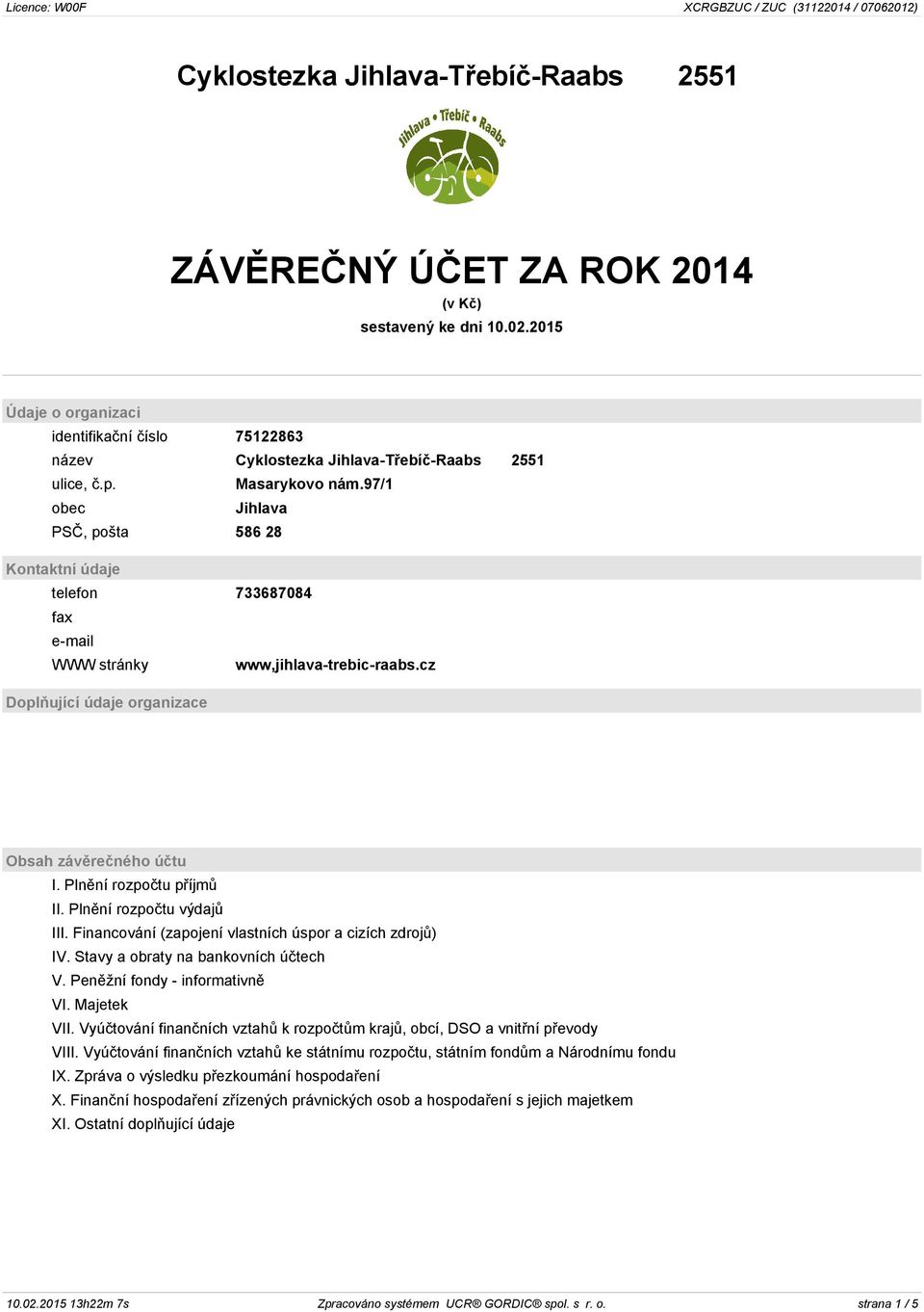 97/1 obec Jihlava PSČ, pošta 586 28 Kontaktní údaje telefon 733687084 fax e-mail WWW stránky www,jihlava-trebic-raabs.cz Doplňující údaje organizace Obsah závěrečného účtu I.