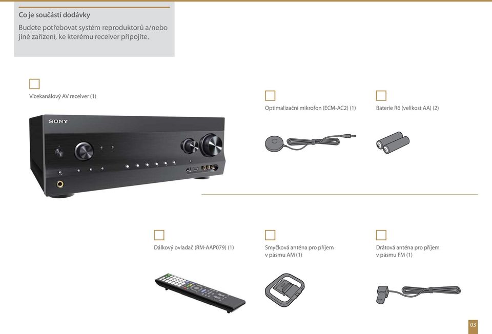 Vícekanálový AV receiver (1) Optimalizační mikrofon (ECM-AC2) (1) Baterie R6