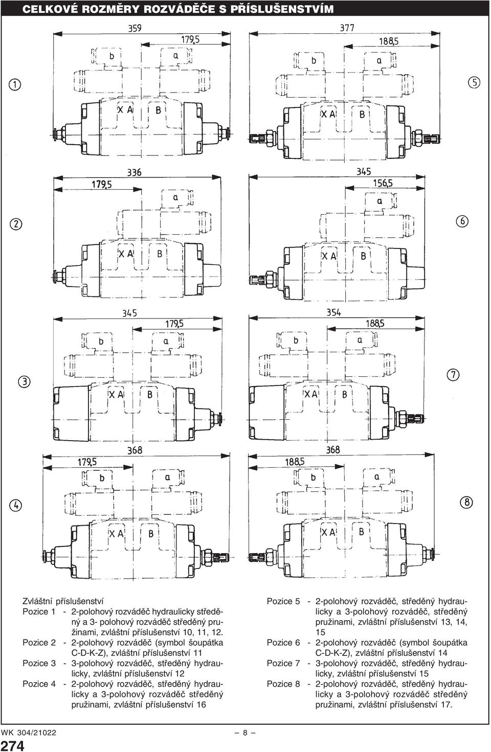 hydraulicky a 3-polohový rozváděč středěný pružinami, zvláštní příslušenství 16 Pozice 5 Pozice 6 Pozice 7 Pozice 8-2-polohový rozváděč, středěný hydraulicky a 3-polohový rozváděč, středěný