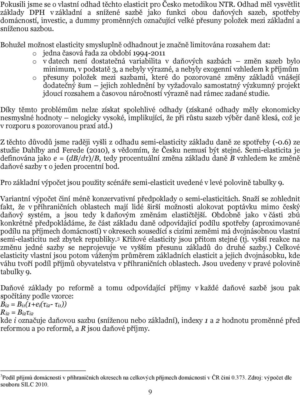 Bohužel možnost elasticity smysluplně odhadnout je značně limitována rozsahem dat: o jedna časová řada za období 1994-2011 o v datech není dostatečná variabilita v daňových sazbách změn sazeb bylo