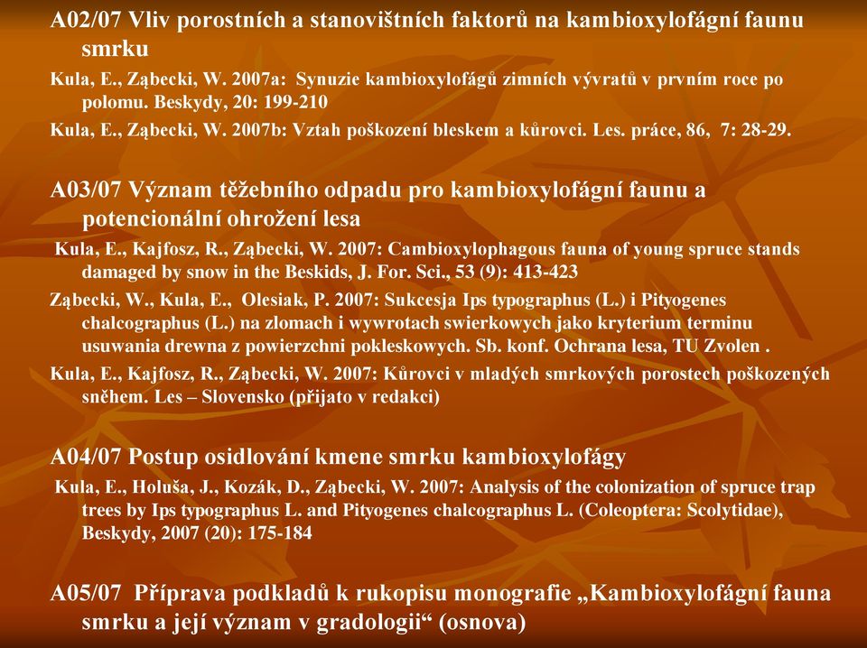 , Ząbecki, W. 2007: Cambioxylophagous fauna of young spruce stands damaged by snow in the Beskids, J. For. Sci., 53 (9): 413-423 Ząbecki, W., Kula, E., Olesiak, P. 2007: Sukcesja Ips typographus (L.