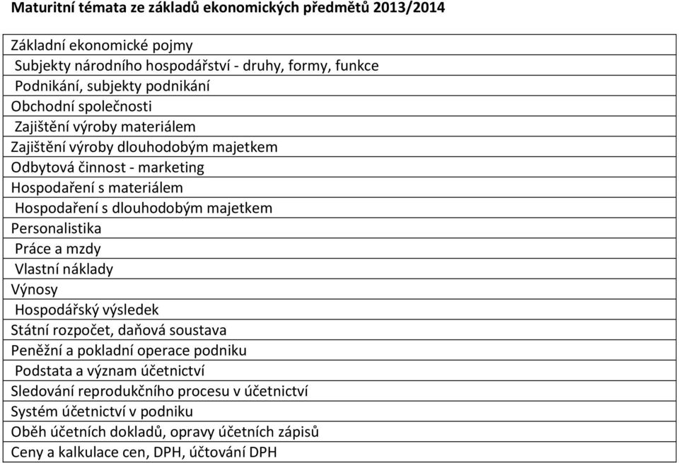 dlouhodobým majetkem Personalistika Práce a mzdy Vlastní náklady Výnosy Hospodářský výsledek Státní rozpočet, daňová soustava Peněžní a pokladní operace podniku