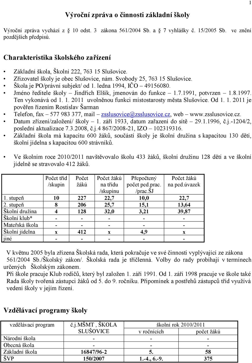 ledna 1994, IČO 49156080. Jméno ředitele školy Jindřich Elšík, jmenován do funkce 1.7.1991, potvrzen 1.8.1997. Ten vykonává od 1. 1. 2011 uvolněnou funkci místostarosty města Slušovice. Od 1. 1. 2011 je pověřen řízením Rostislav Šarman Telefon, fax 577 983 377, mail zsslusovice@zsslusovice.