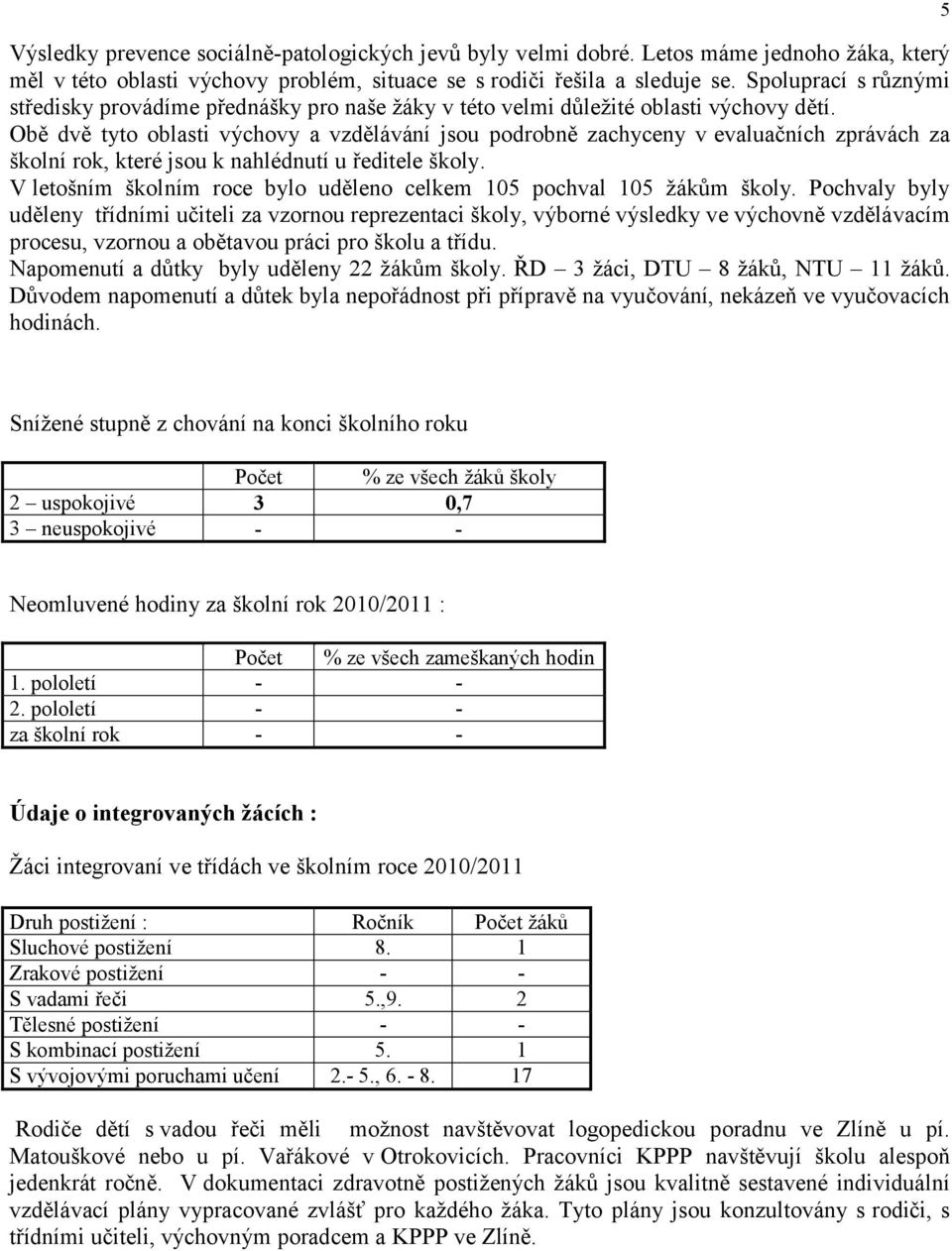 Obě dvě tyto oblasti výchovy a vzdělávání jsou podrobně zachyceny v evaluačních zprávách za školní rok, které jsou k nahlédnutí u ředitele školy.