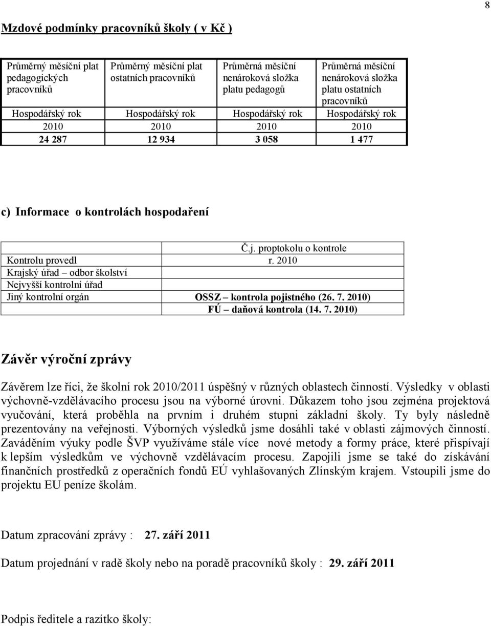 hospodaření Č.j. proptokolu o kontrole Kontrolu provedl r. 2010 Krajský úřad odbor školství Nejvyšší kontrolní úřad Jiný kontrolní orgán OSSZ kontrola pojistného (26. 7. 2010) FÚ daňová kontrola (14.