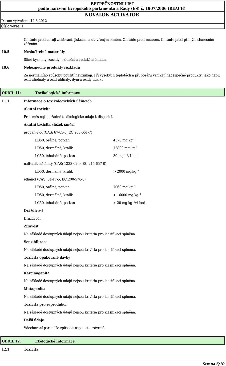 oxid uhelnatý a oxid uhličitý, dým a oxidy dusíku. ODDÍL 11: Toxikologické informace 11.1. Informace o toxikologických účincích Akutní toxicita Pro směs nejsou žádné toxikologické údaje k dispozici.