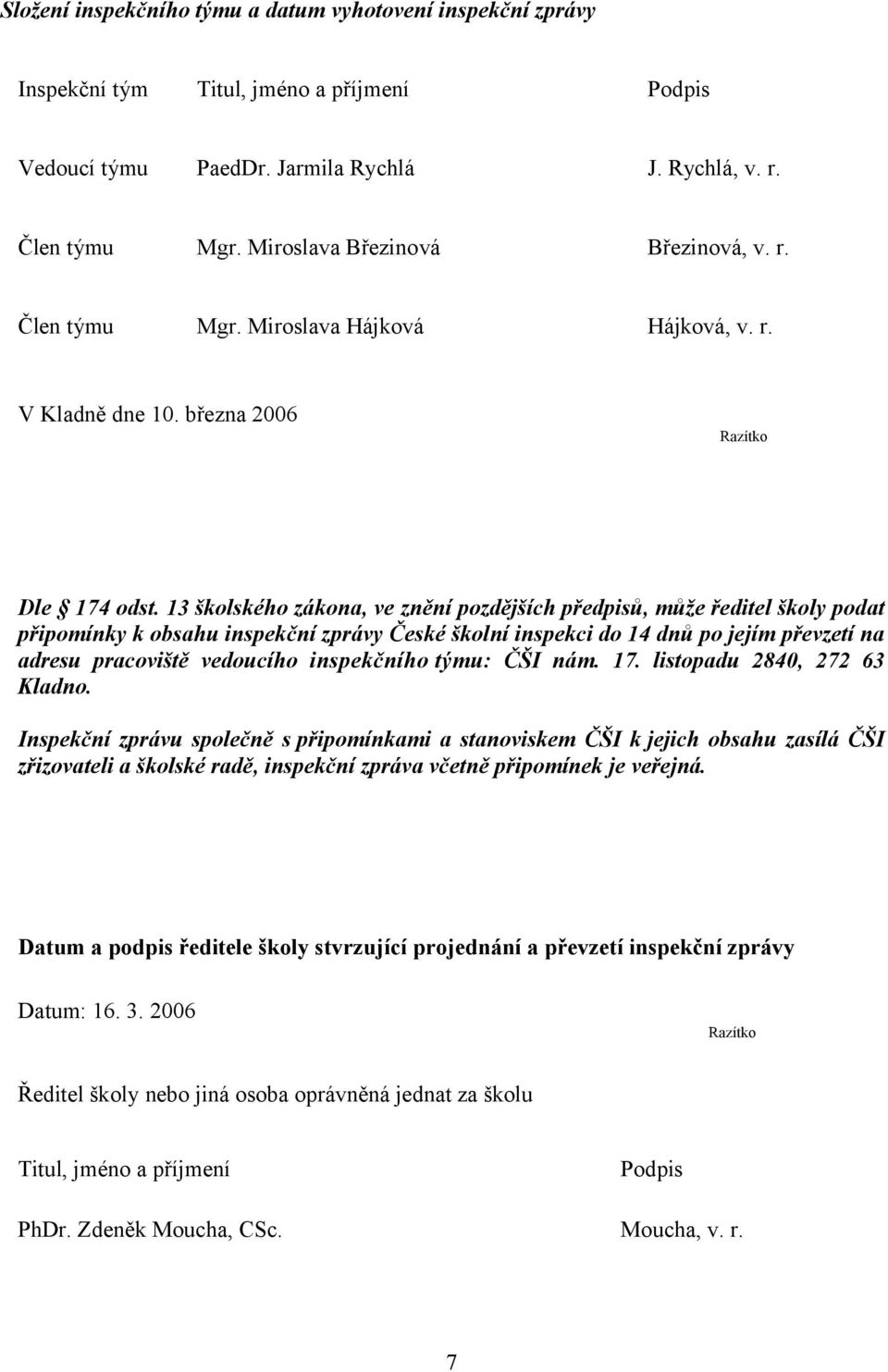 13 školského zákona, ve znění pozdějších předpisů, může ředitel školy podat připomínky k obsahu inspekční zprávy České školní inspekci do 14 dnů po jejím převzetí na adresu pracoviště vedoucího