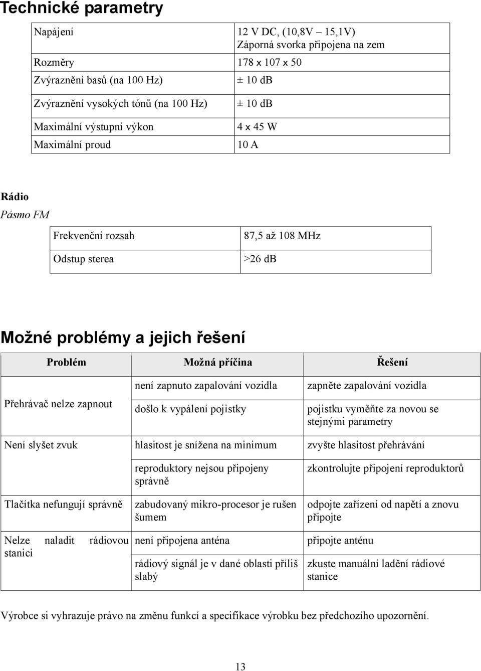 není zapnuto zapalování vozidla došlo k vypálení pojistky zapněte zapalování vozidla pojistku vyměňte za novou se stejnými parametry Není slyšet zvuk hlasitost je snížena na minimum zvyšte hlasitost