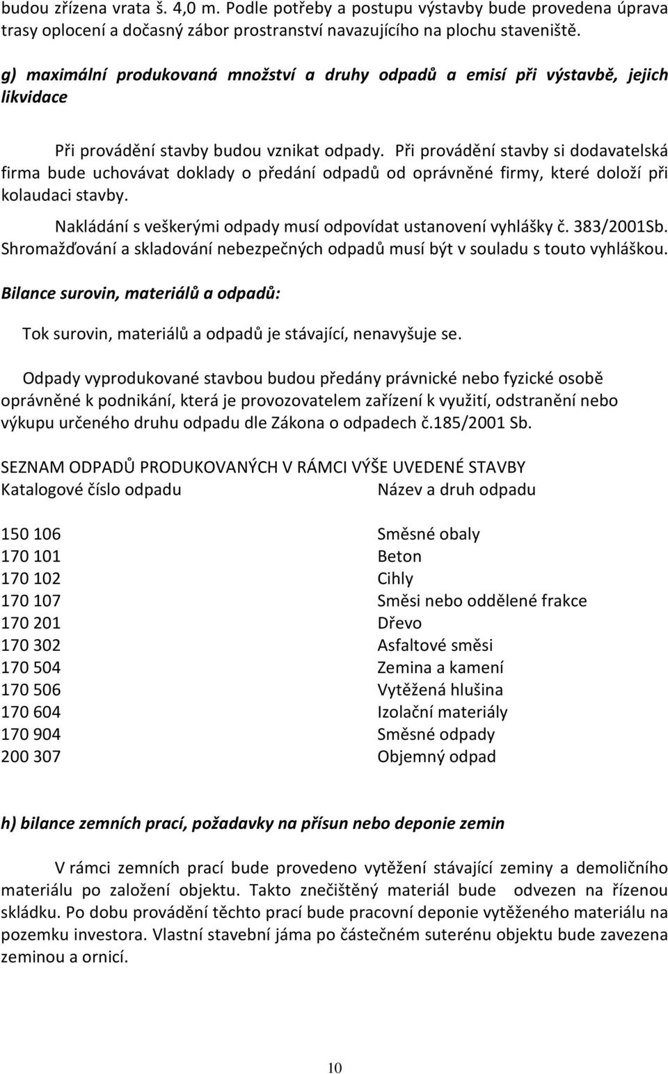 Při provádění stavby si dodavatelská firma bude uchovávat doklady o předání odpadů od oprávněné firmy, které doloží při kolaudaci stavby.