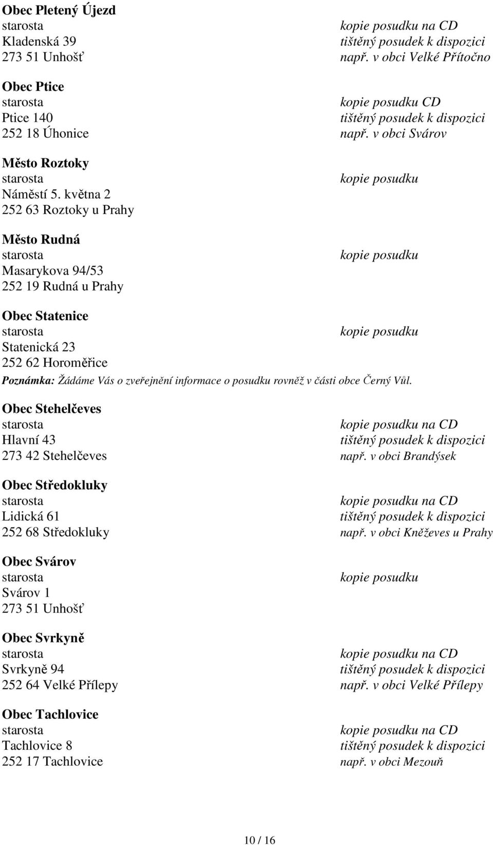 rovněž v části obce Černý Vůl. Obec Stehelčeves na CD Hlavní 43 273 42 Stehelčeves např. v obci Brandýsek Obec Středokluky na CD Lidická 61 252 68 Středokluky např.