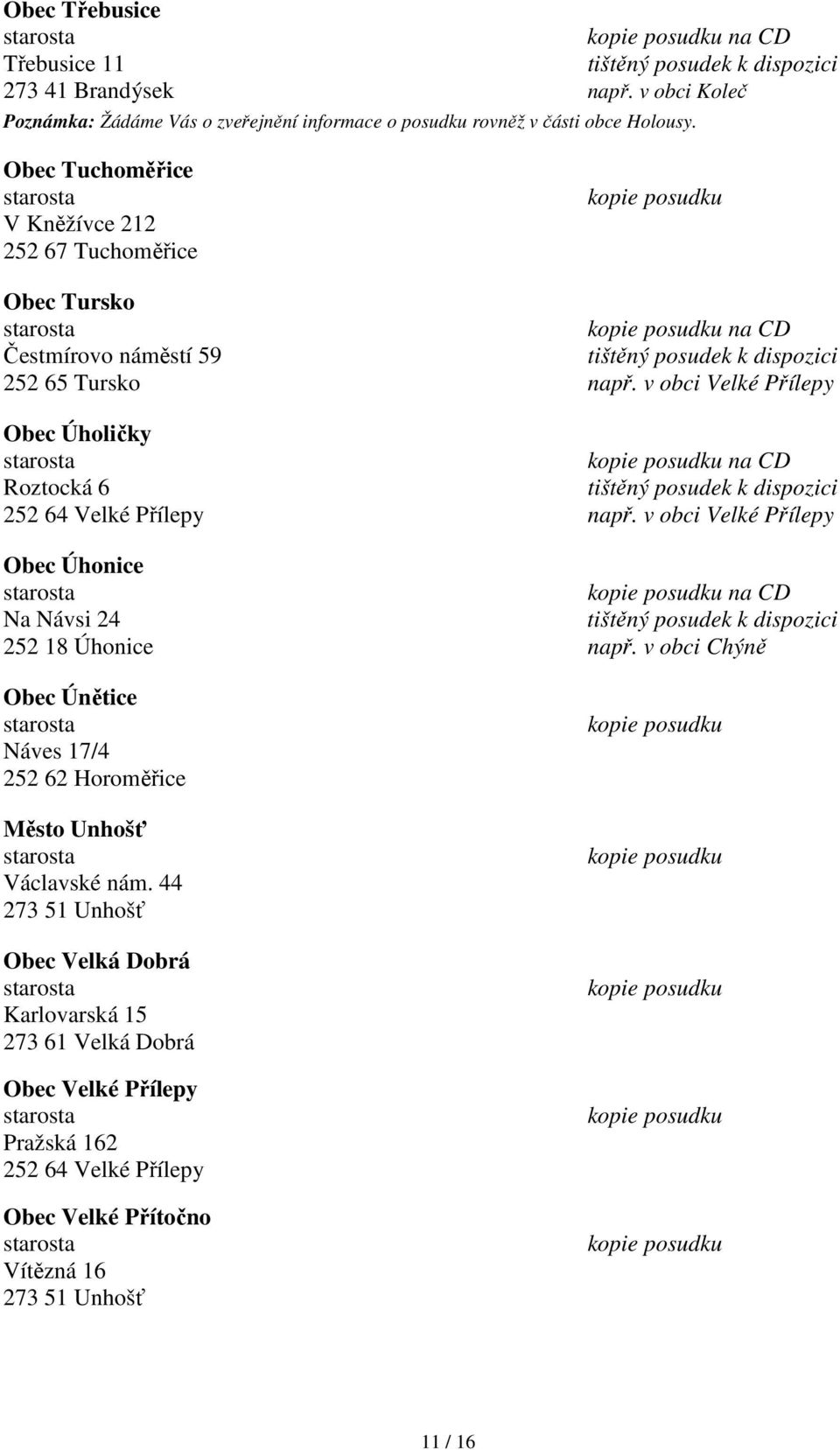 v obci Velké Přílepy Obec Úholičky na CD Roztocká 6 252 64 Velké Přílepy např. v obci Velké Přílepy Obec Úhonice na CD Na Návsi 24 252 18 Úhonice např.