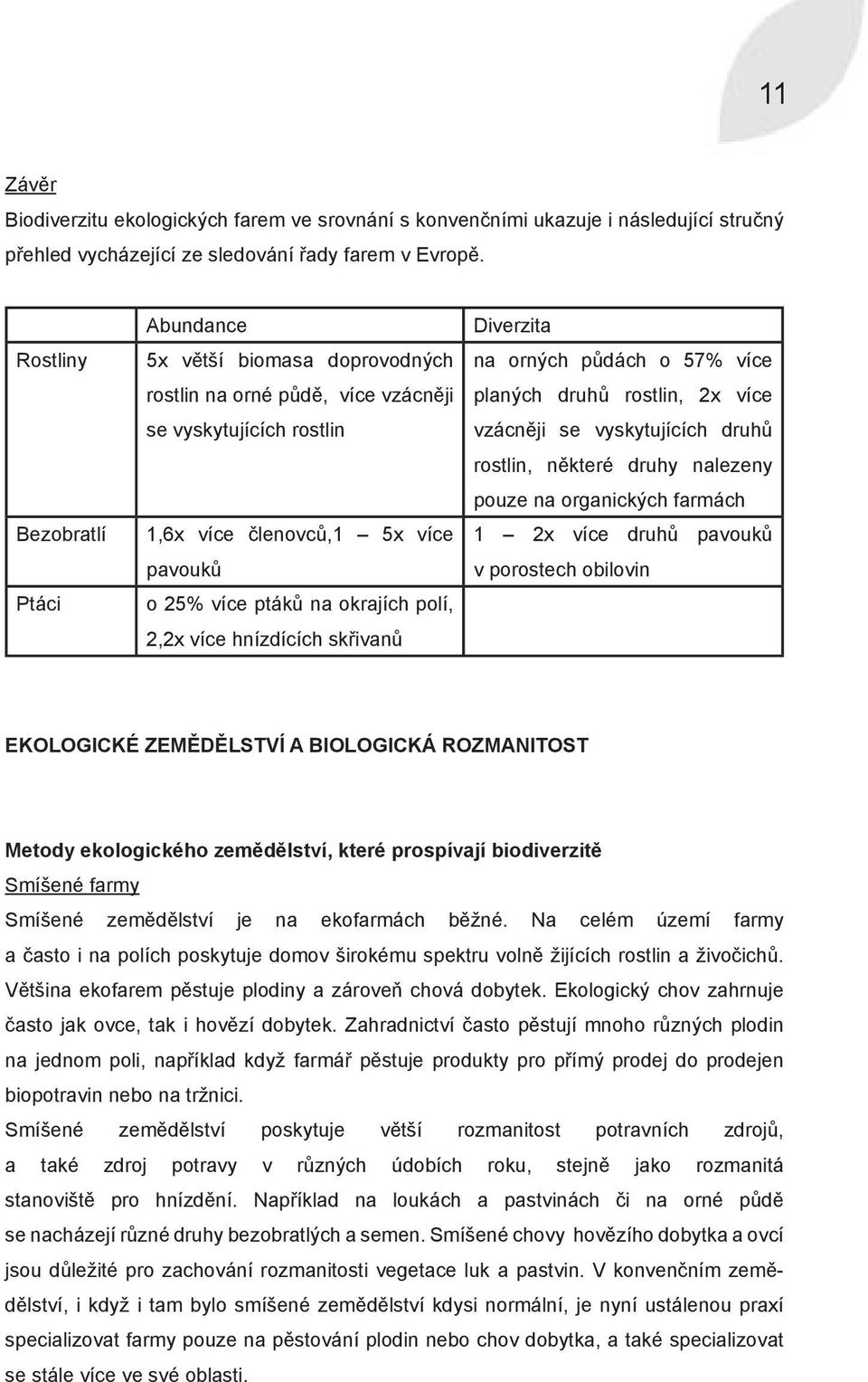 2,2x více hnízdících skřivanů Diverzita na orných půdách o 57% více planých druhů rostlin, 2x více vzácněji se vyskytujících druhů rostlin, některé druhy nalezeny pouze na organických farmách 1 2x