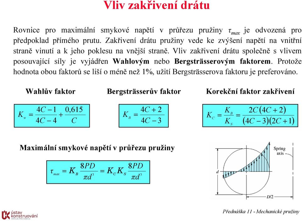 Vliv zakřivení drátu společně s vlivem posouvající síly je vyjádřen Wahlovým nebo Bergsträsserovým faktorem.