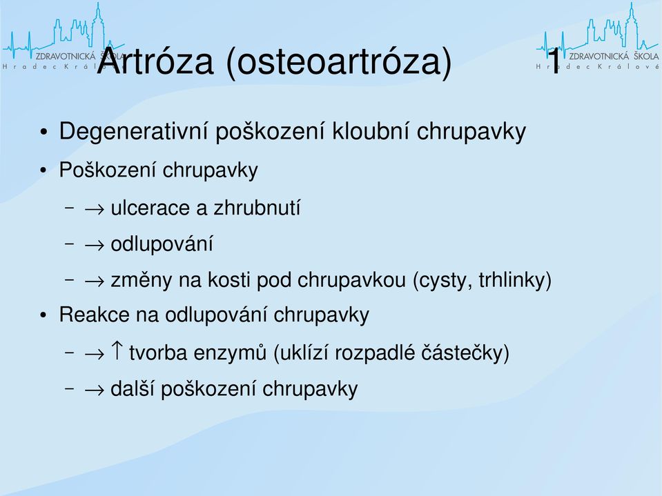 změny na kosti pod chrupavkou (cysty, trhlinky) Reakce na