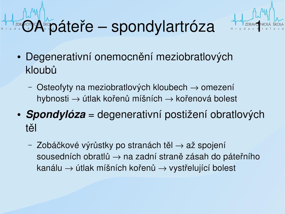 degenerativní postižení obratlových těl Zobáčkové výrůstky po stranách těl až spojení