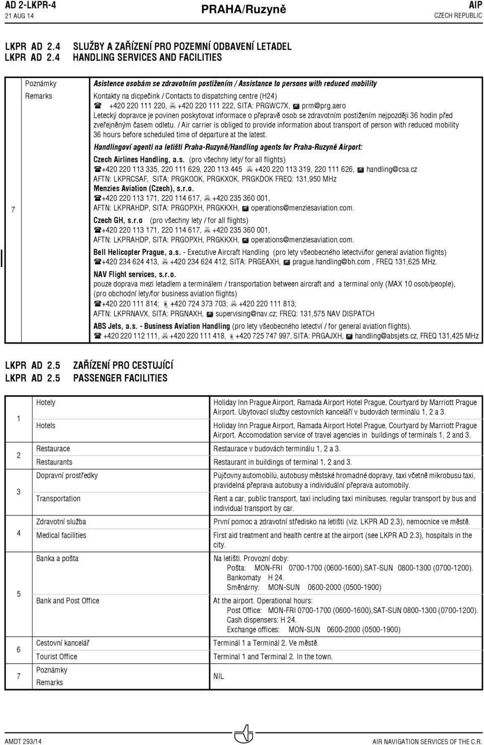 Contacts to dispatching centre (H24) +420 220 111 220, +420 220 111 222, SITA: PRGWC7X, prm@prg.