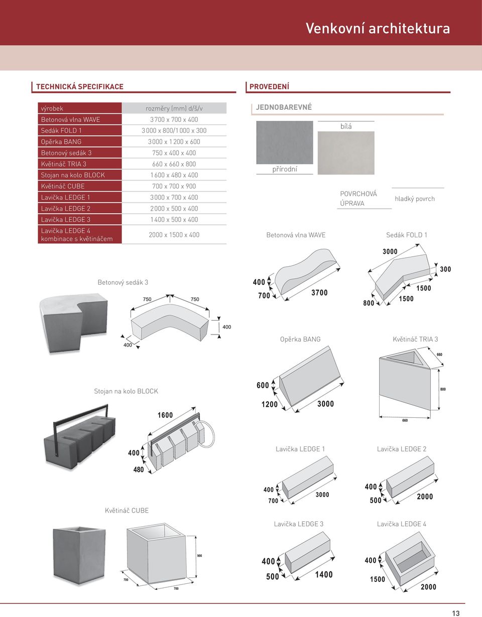 2000 x 500 x 400 Lavička LEDGE 3 1400 x 500 x 400 Lavička LEDGE 4 kombinace s květináčem 2000 x 1500 x 400 bílá hladký povrch Betonová vlna WAVE Sedák