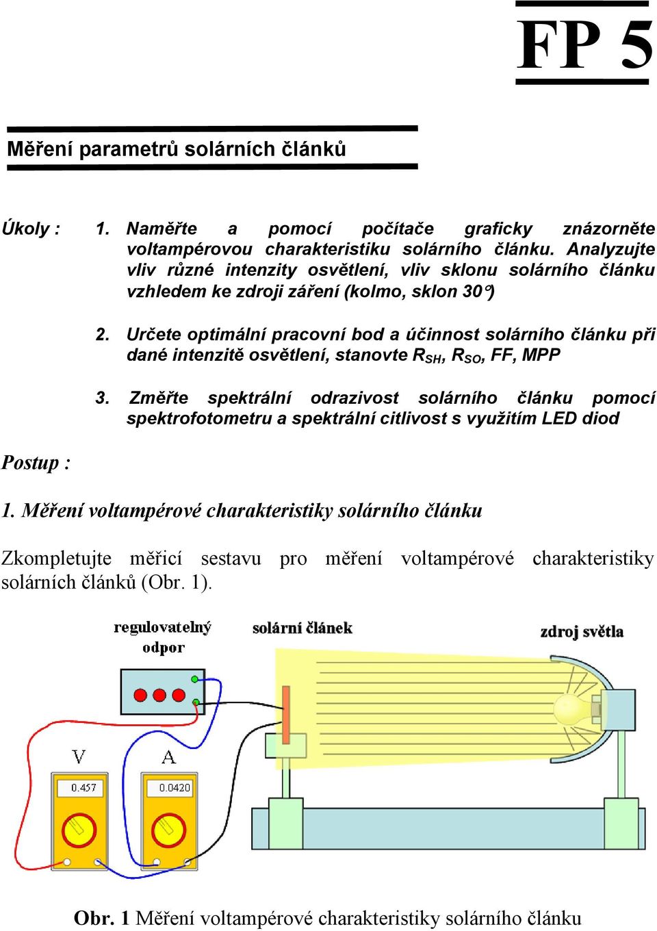 rčete optiální pracovní bod a účinnost solárního článku při dané intenzitě osvětlení, stanovte SH, SO, FF, MPP 3.