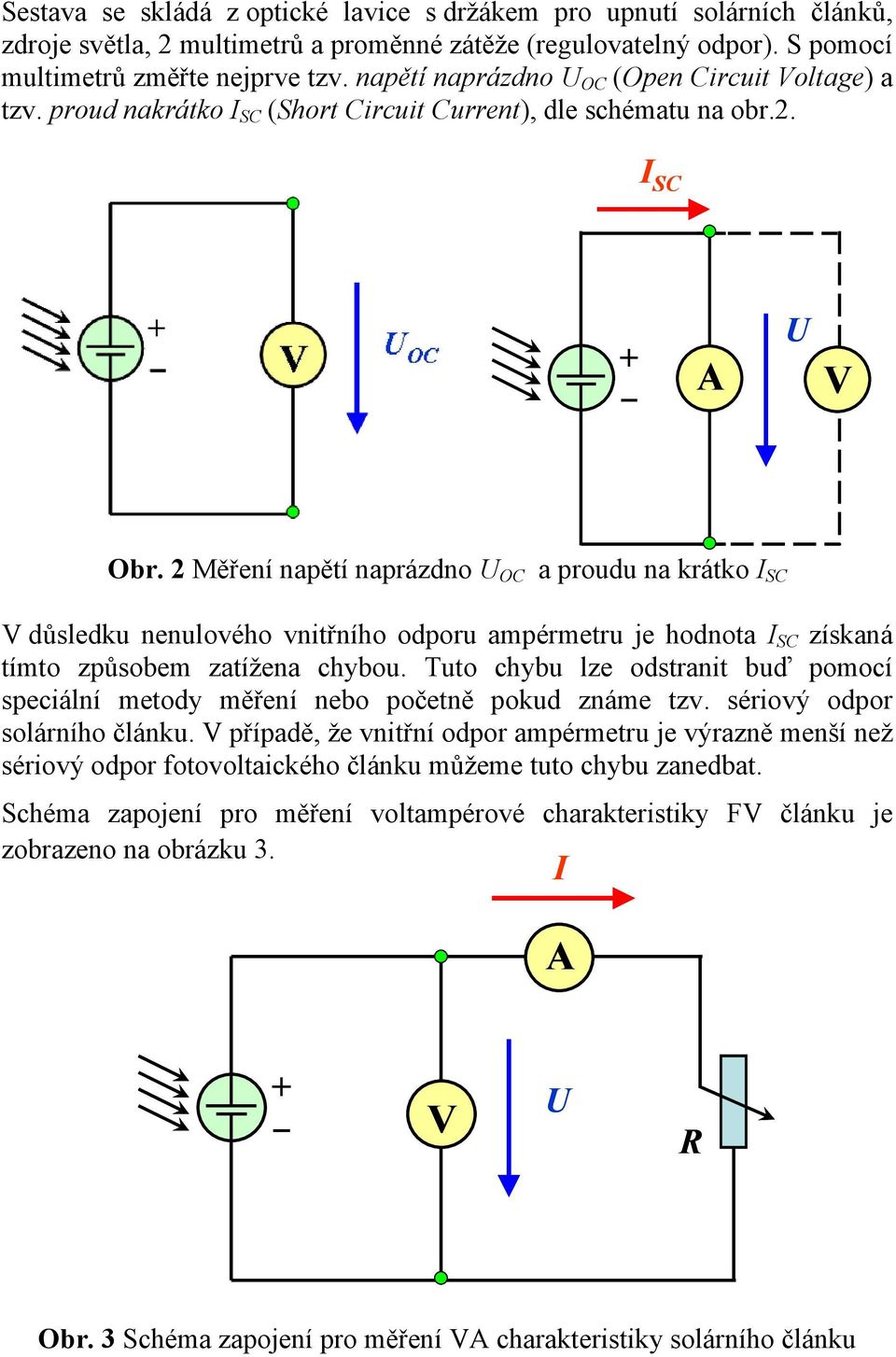 2 Měření napětí naprázdno OC a proudu na krátko SC důsledku nenulového vnitřního odporu apéretru je hodnota SC získaná títo způsobe zatížena chybou.