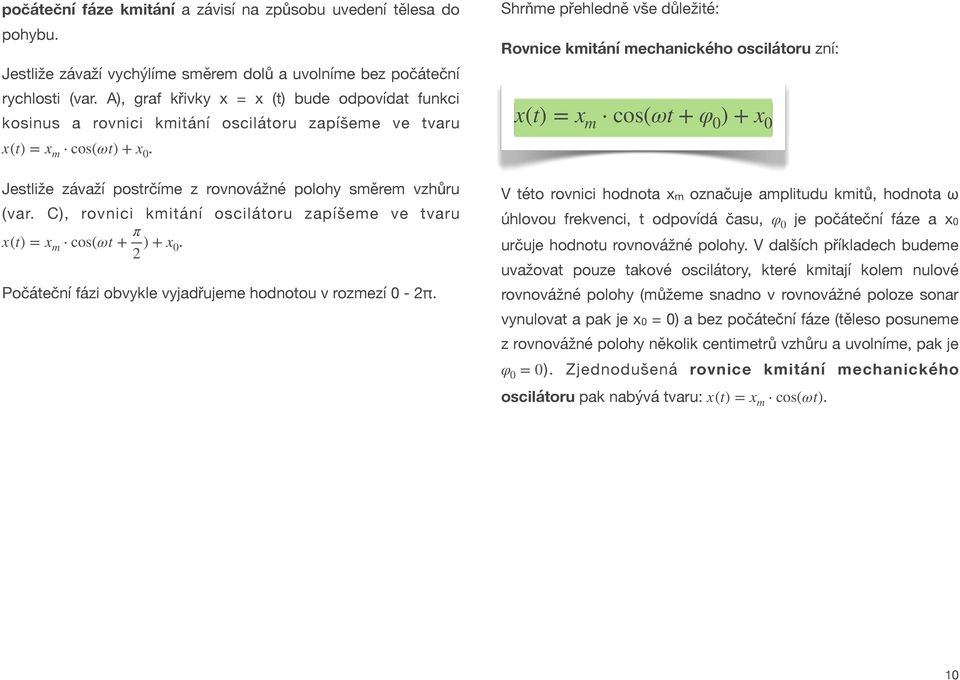 C), rovnici kmitání oscilátoru zapíšeme ve tvaru x(t) = x m cos(ωt + π 2 ) + x 0. Počáteční fázi obvykle vyjadřujeme hodnotou v rozmezí 0-2π.