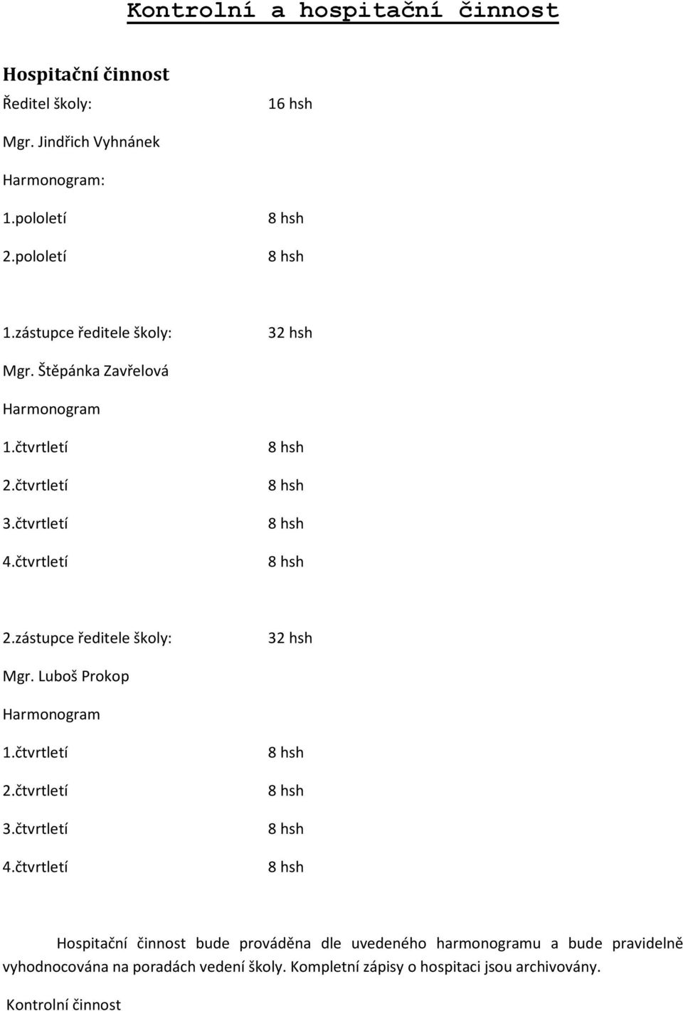 zástupce ředitele školy: 32 hsh Mgr. Luboš Prokop Harmonogram 1.čtvrtletí 2.čtvrtletí 3.čtvrtletí 4.
