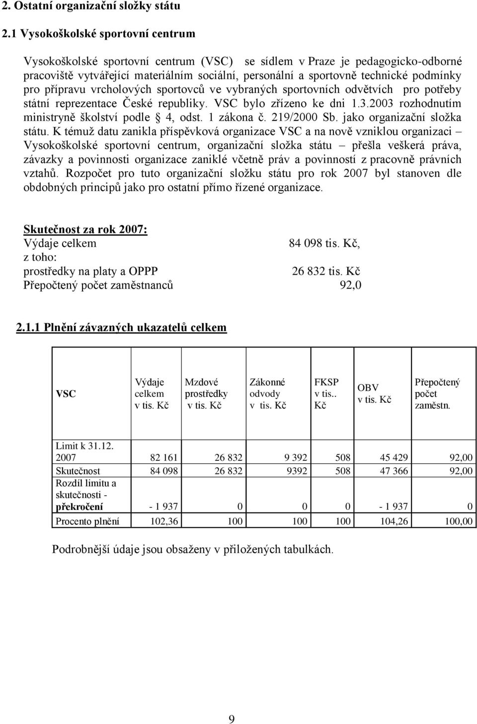 pro přípravu vrcholových sportovců ve vybraných sportovních odvětvích pro potřeby státní reprezentace České republiky. VSC bylo zřízeno ke dni 1.3.2003 rozhodnutím ministryně školství podle 4, odst.