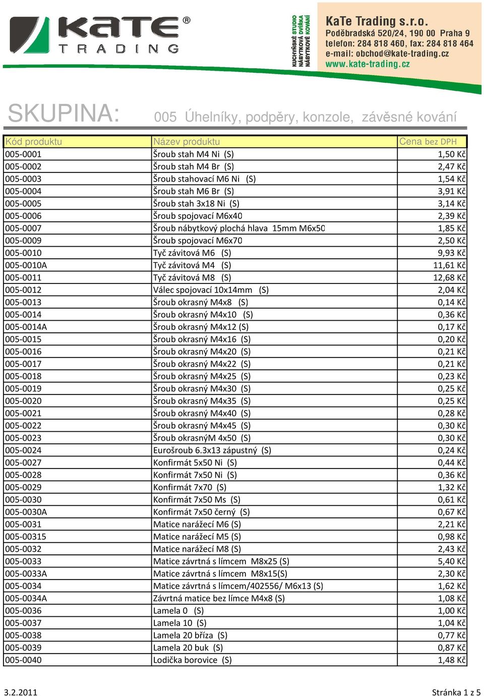 (S) 11,61 Kč 005-0011 Tyč závitová M8 (S) 12,68 Kč 005-0012 Válec spojovací 10x14mm (S) 2,04 Kč 005-0013 Šroub okrasný M4x8 (S) 0,14 Kč 005-0014 Šroub okrasný M4x10 (S) 0,36 Kč 005-0014A Šroub