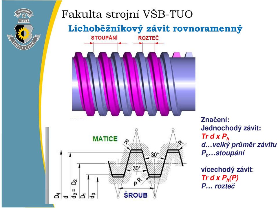 h d velký průměr závitu P h stoupání