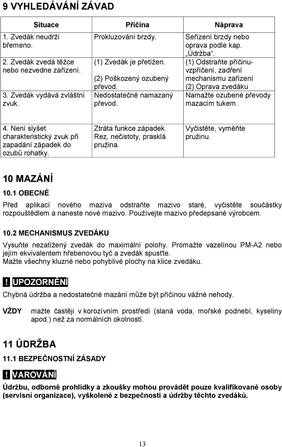 (1) Odstraňte příčinuvzpříčení, zadření mechanismu zařízení (2) Oprava zvedáku Namažte ozubené převody mazacím tukem. 4. Není slyšet charakteristický zvuk při zapadání západek do ozubů rohatky.