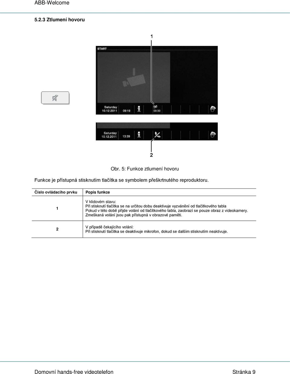Pokud v této době přijde volání od tlačítkového tabla, zaobrazí se pouze obraz z videokamery.