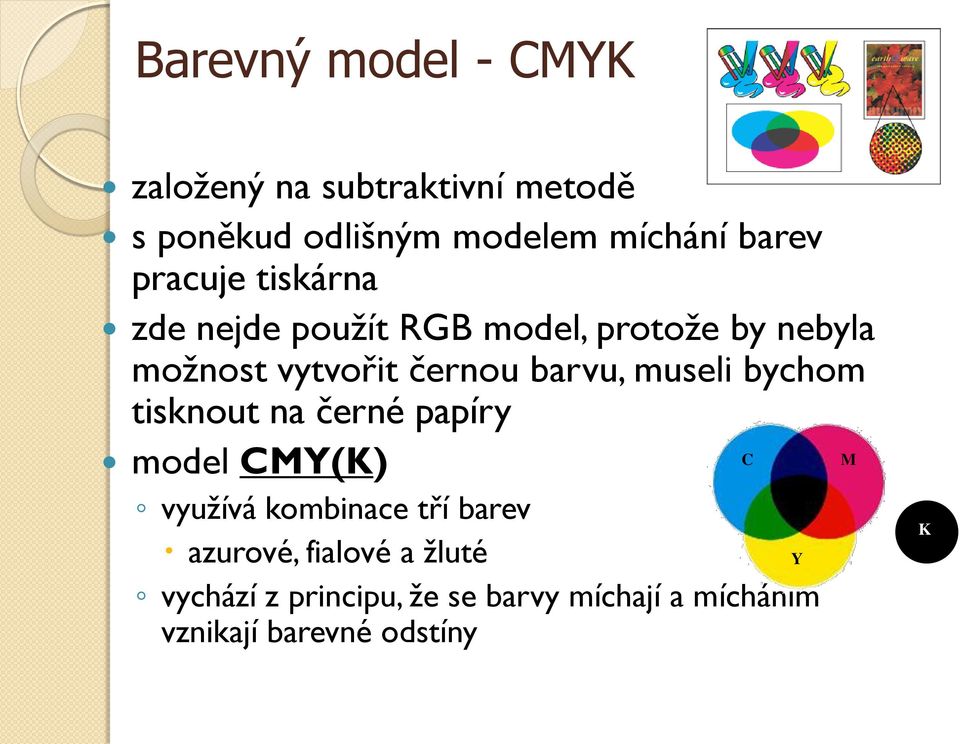 museli bychom tisknout na černé papíry model CMY(K) využívá kombinace tří barev azurové,