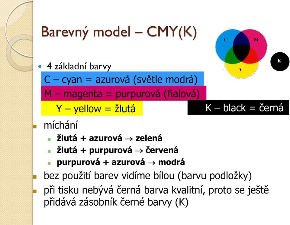 žlutá + purpurová červená purpurová + azurová modrá bez použití barev vidíme bílou (barvu