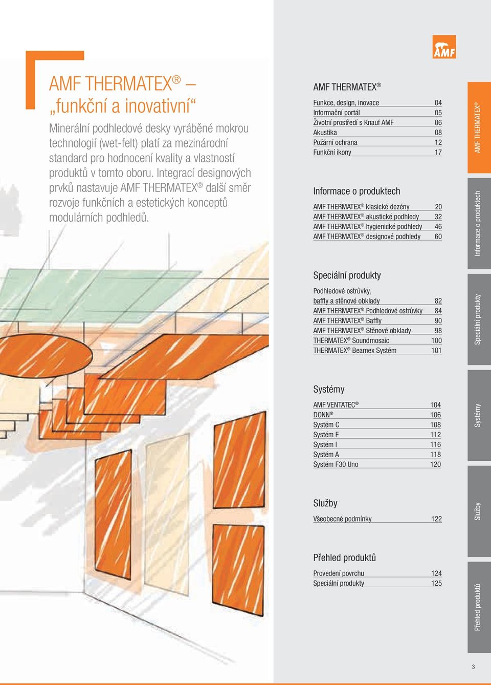 AMF THERMATEX Funkce, design, inovace 4 Informační portál 5 Životní prostředí s Knauf AMF 6 Akustika 8 Požární ochrana 12 Funkční ikony 17 Informace o produktech AMF THERMATEX klasické dezény 2 AMF