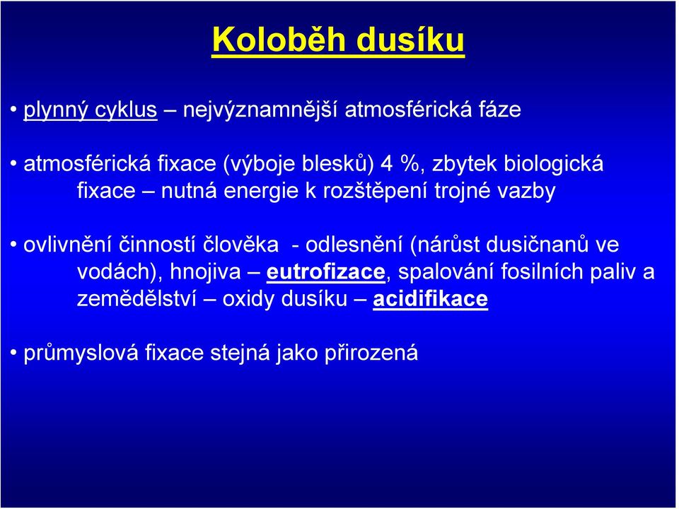 činností člověka - odlesnění (nárůst dusičnanů ve vodách), hnojiva eutrofizace, spalování