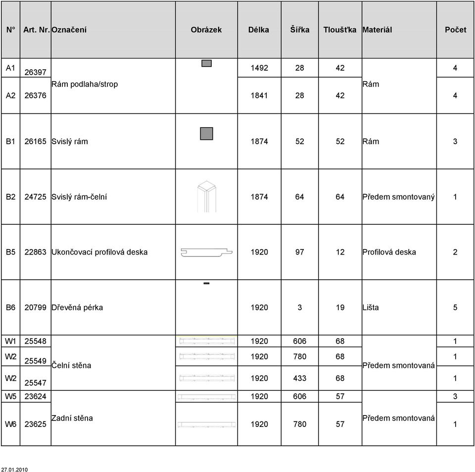 Svislý rám 1874 52 52 Rám 3 B2 24725 Svislý rám-čelní 1874 64 64 Předem smontovaný 1 B5 22863 Ukončovací profilová deska 1920