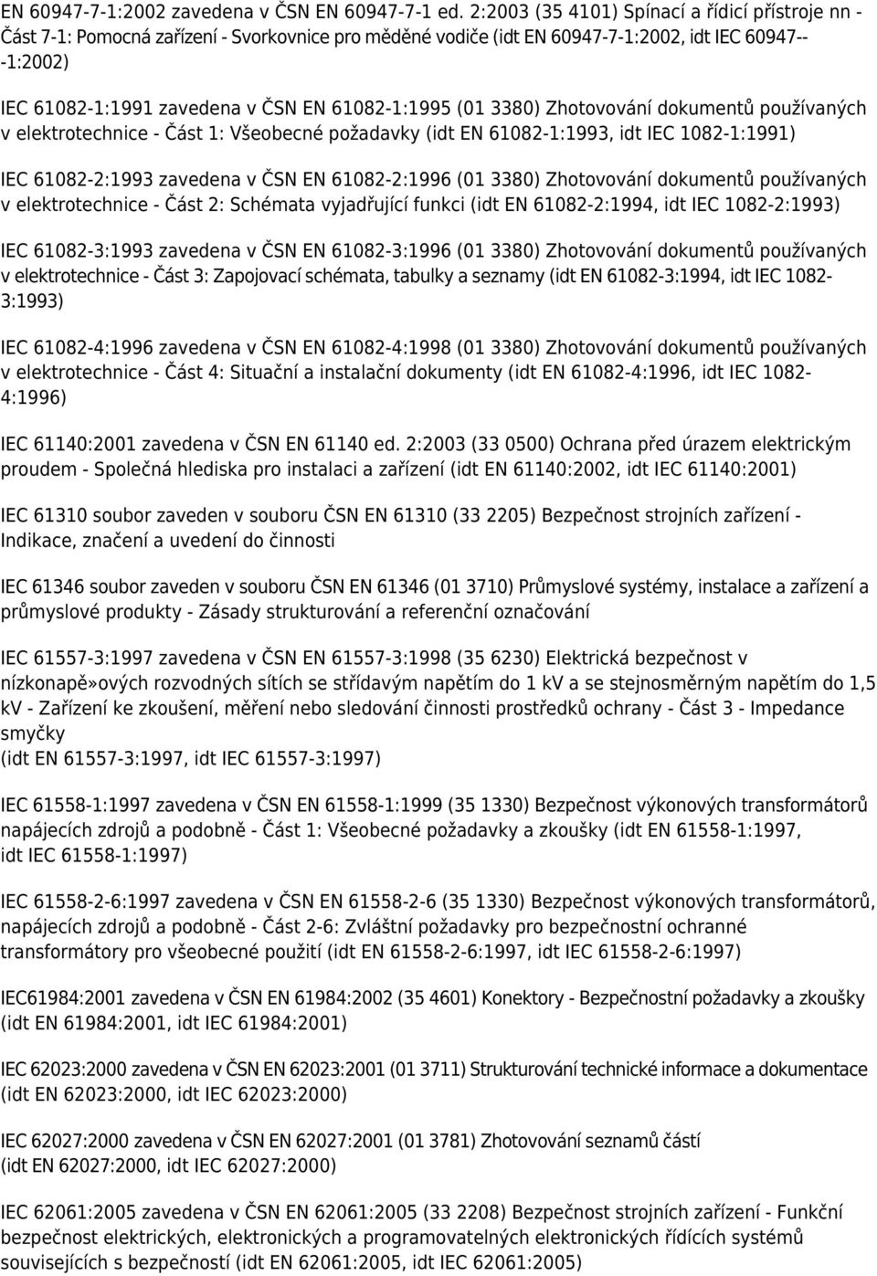 61082-1:1995 (01 3380) Zhotovování dokumentů používaných v elektrotechnice - Část 1: Všeobecné požadavky (idt EN 61082-1:1993, idt IEC 1082-1:1991) IEC 61082-2:1993 zavedena v ČSN EN 61082-2:1996 (01