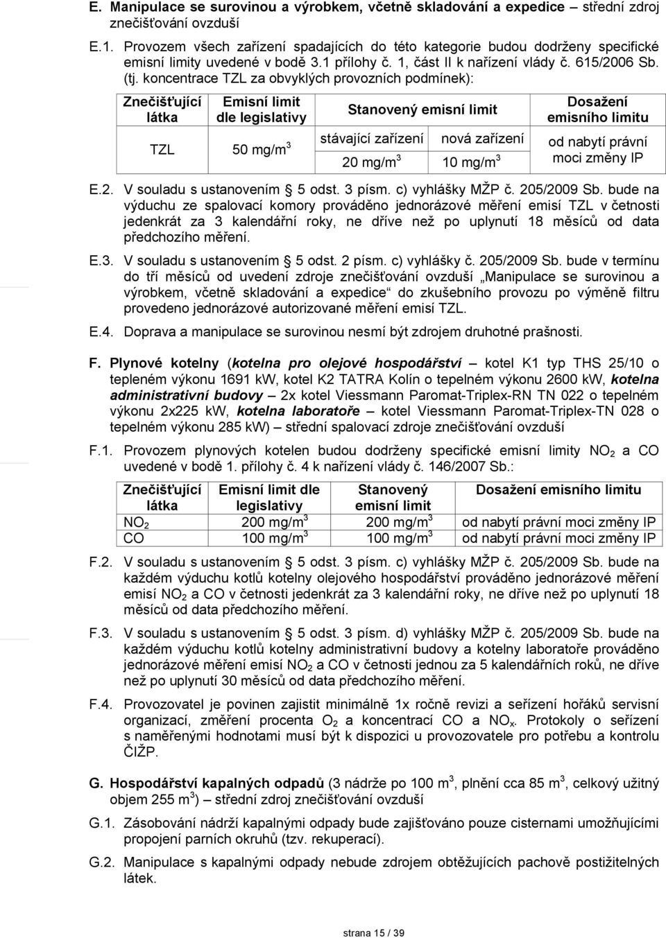 koncentrace TZL za obvyklých provozních podmínek): Znečišťující látka Emisní limit dle legislativy Stanovený emisní limit Dosažení emisního limitu stávající zařízení nová zařízení TZL 50 mg/m 3 od
