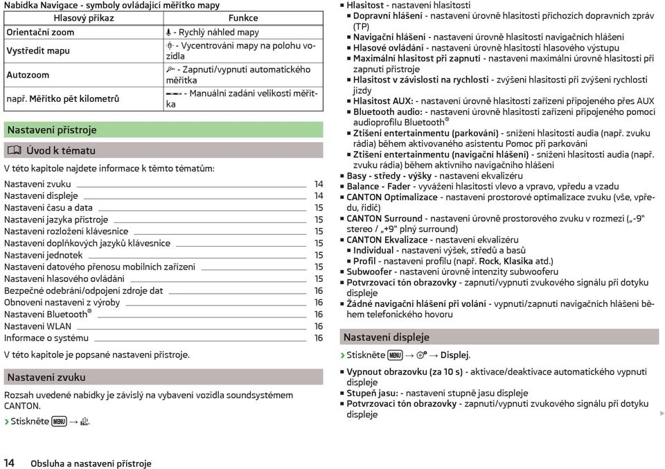 automatického měřítka - Manuální zadání velikosti měřítka Nastavení zvuku 14 Nastavení displeje 14 Nastavení času a data 15 Nastavení jazyka přístroje 15 Nastavení rozložení klávesnice 15 Nastavení