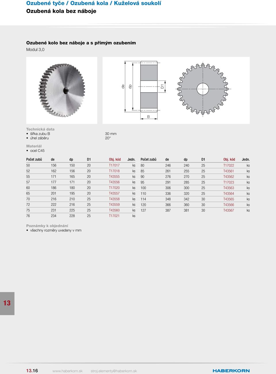 T43559 ks 75 231 2 T435 ks 76 234 228 T17021 ks Počet zubů de dp Obj. kód Jedn.