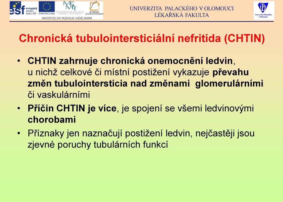 změnami glomerulárními či vaskulárními Příčin CHTIN je více, je spojení se všemi